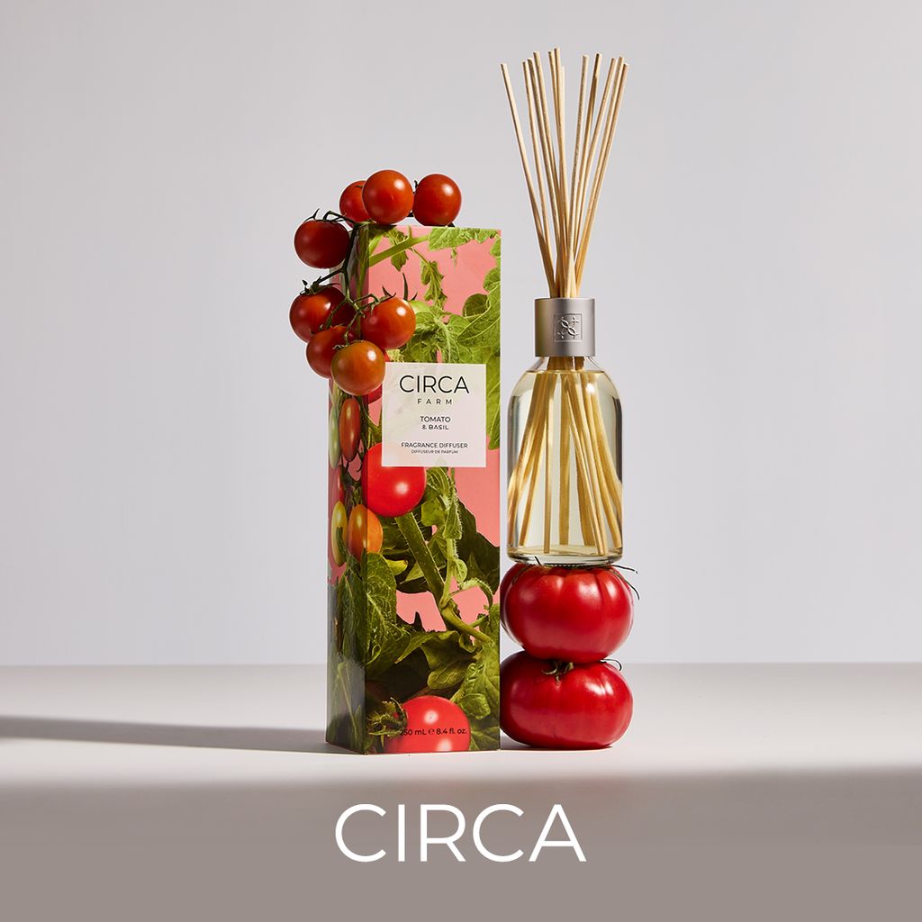 Circa diffuser with tomatoes and packaging on a light background