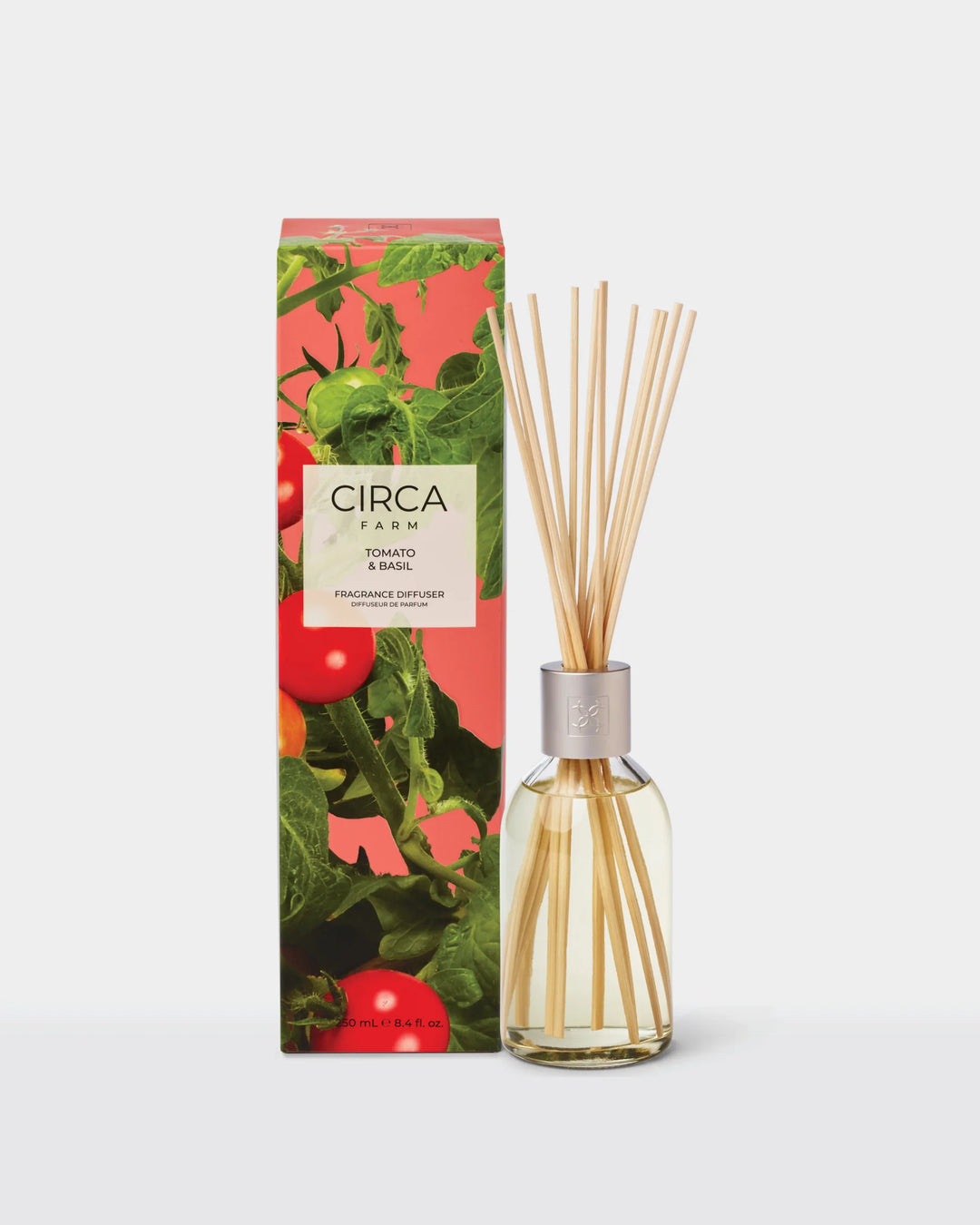 Circa Farm tomato and basil diffuser with packaging on a white background
