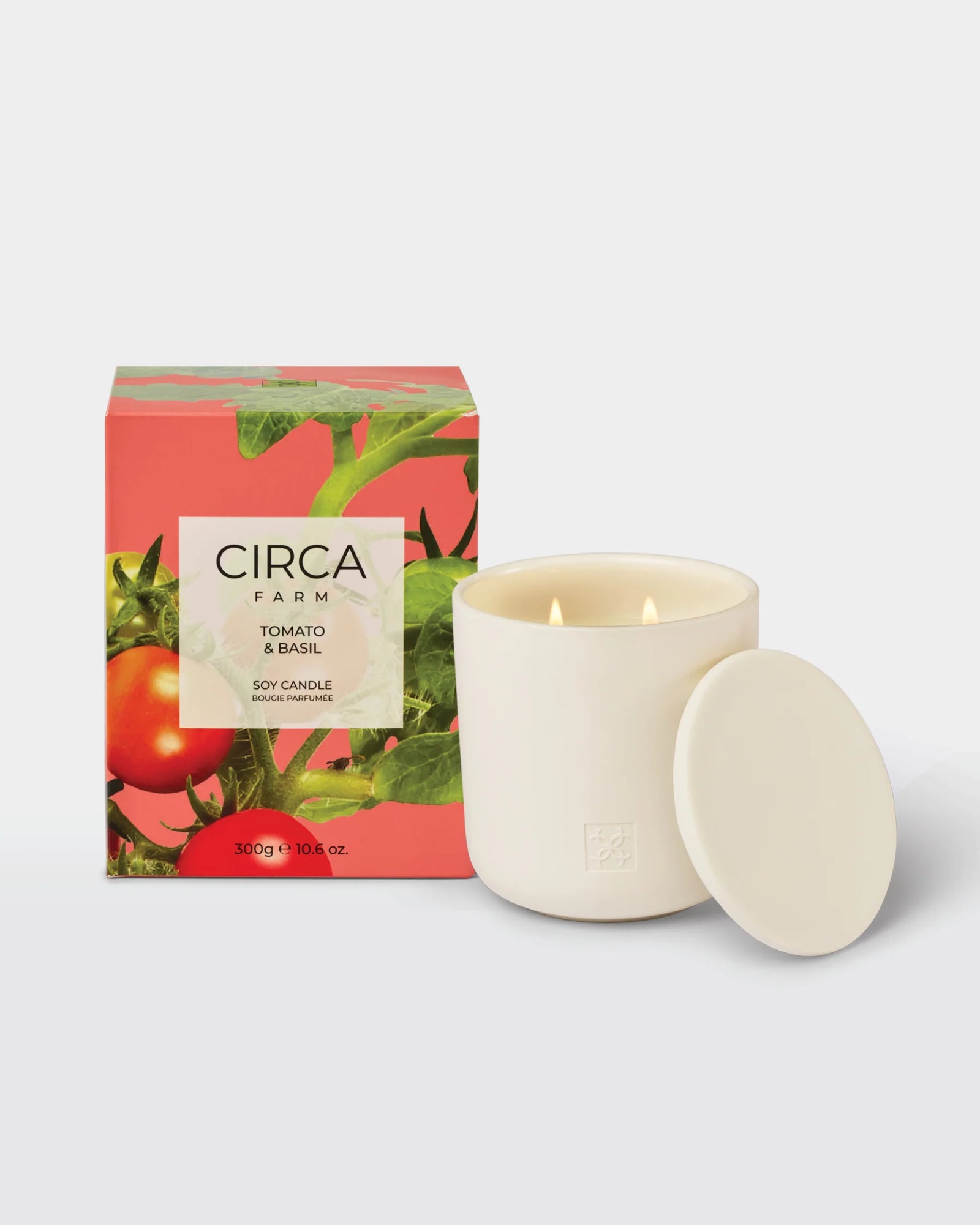 Candle with packaging featuring tomatoes and basil, branded 'Circa Farm'.