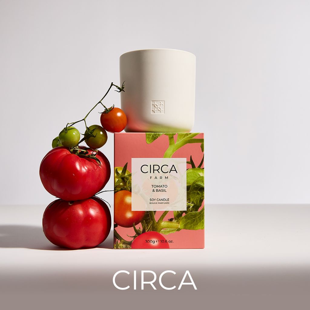 Circa Farm candle with tomato and basil packaging on a white background