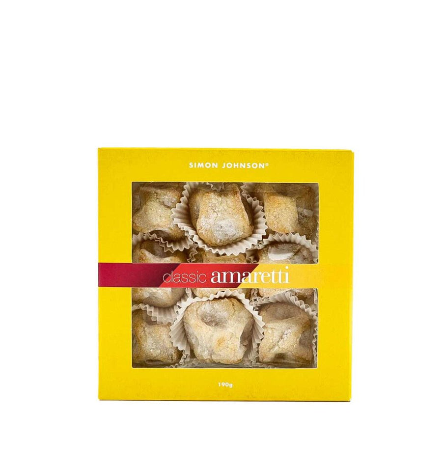 Box of classic amaretti cookies with a yellow box.