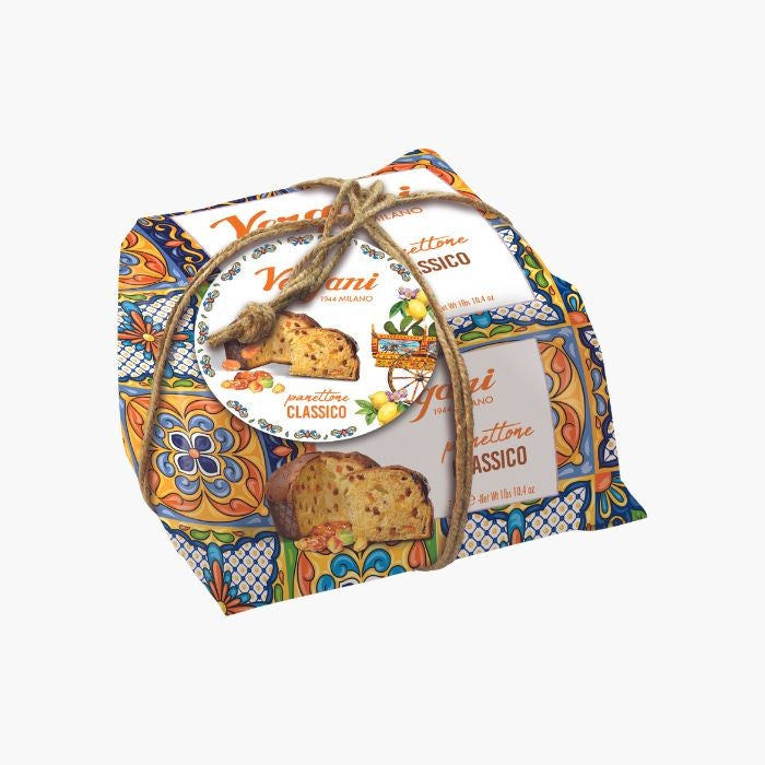 Vergani classic panettone gift wrapped on a white background