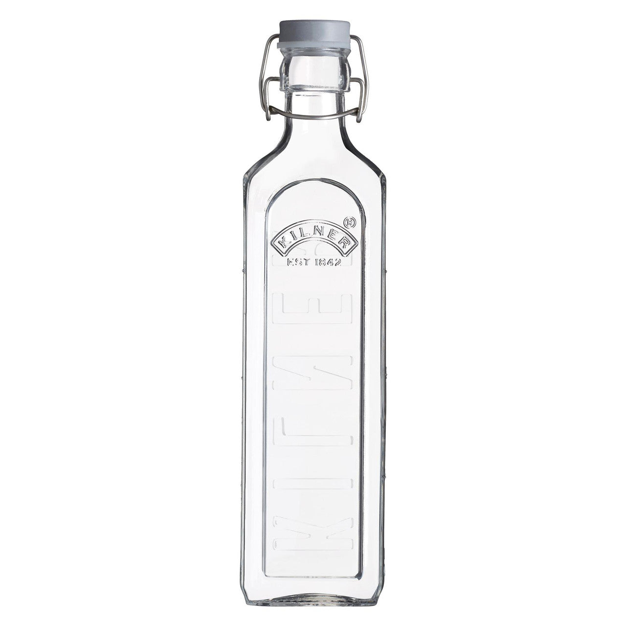 Clear glass bottle with a metal cap on a white background