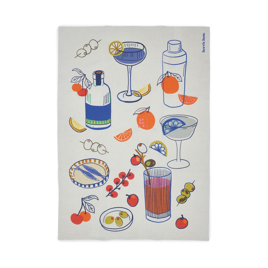 Tea towel with colorful illustrations of drinks and fruits on a white background