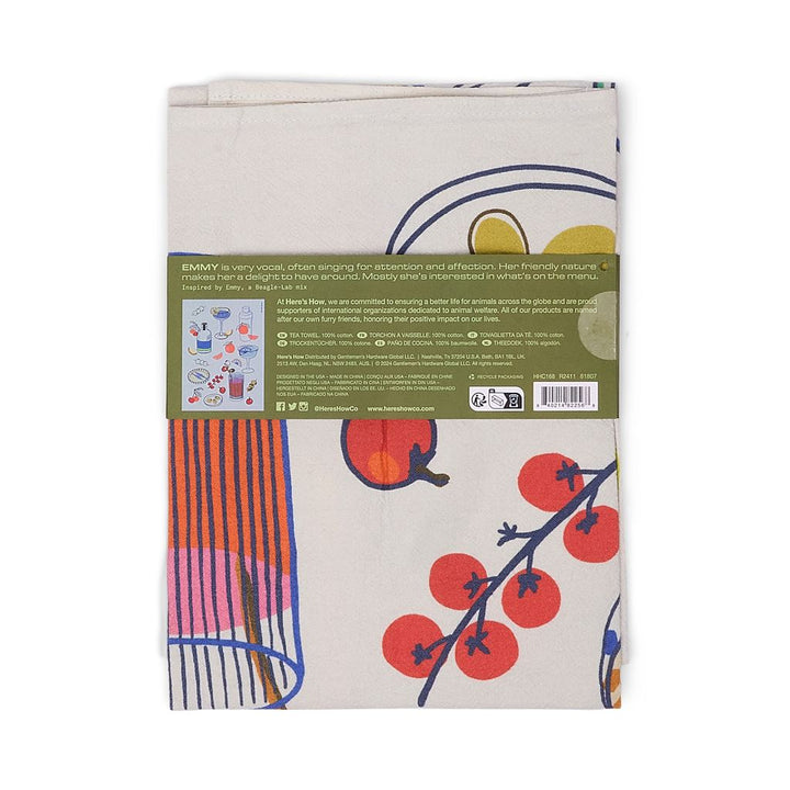 Folded fabric with colorful design and text on a white background