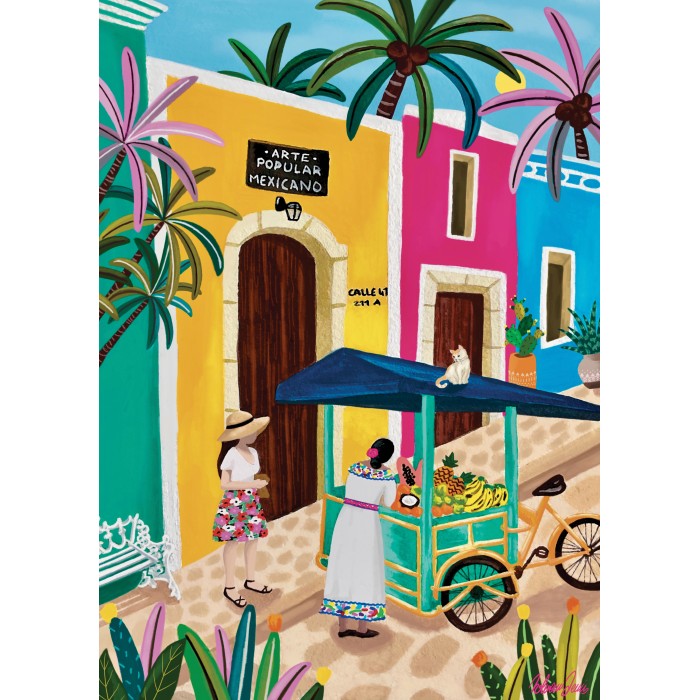 Colorful illustration of a Mexican street scene with people, a cart, and palm trees.