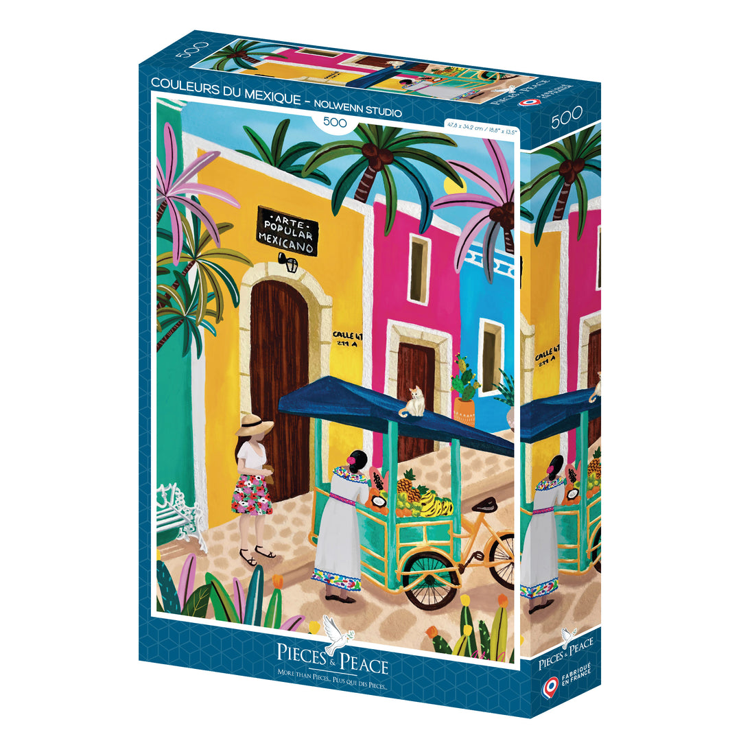Puzzle with a picture of Mexico street with coloured buildings and a fruit cart 
