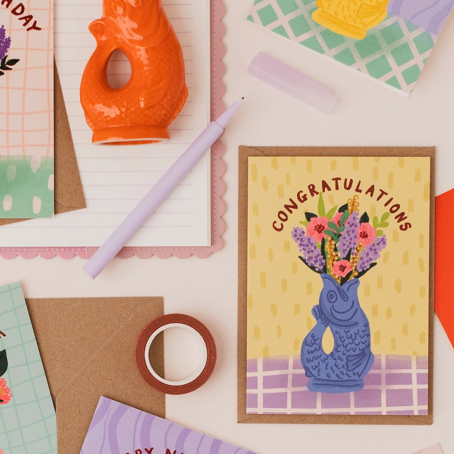 Greeting Card: Congratulations Blue Gluggle Jug