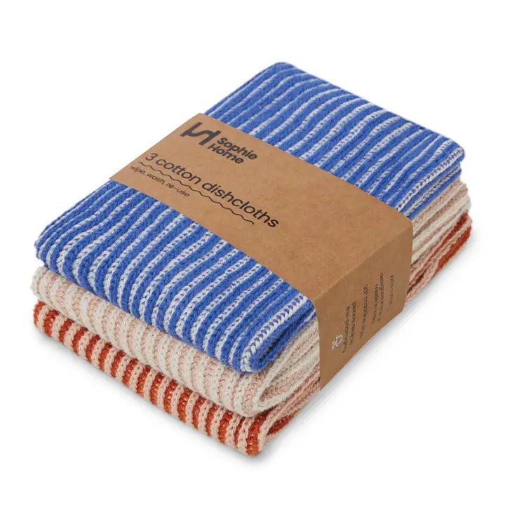 Packaged set of striped cotton dishcloths with a brand label on a white background