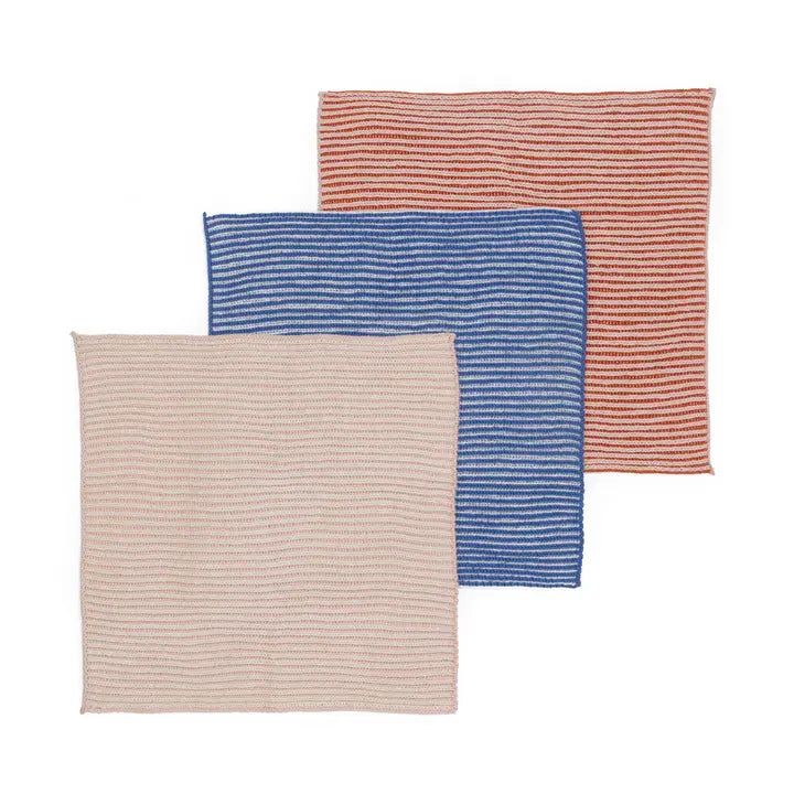Three striped cotton dish cloths on a white background