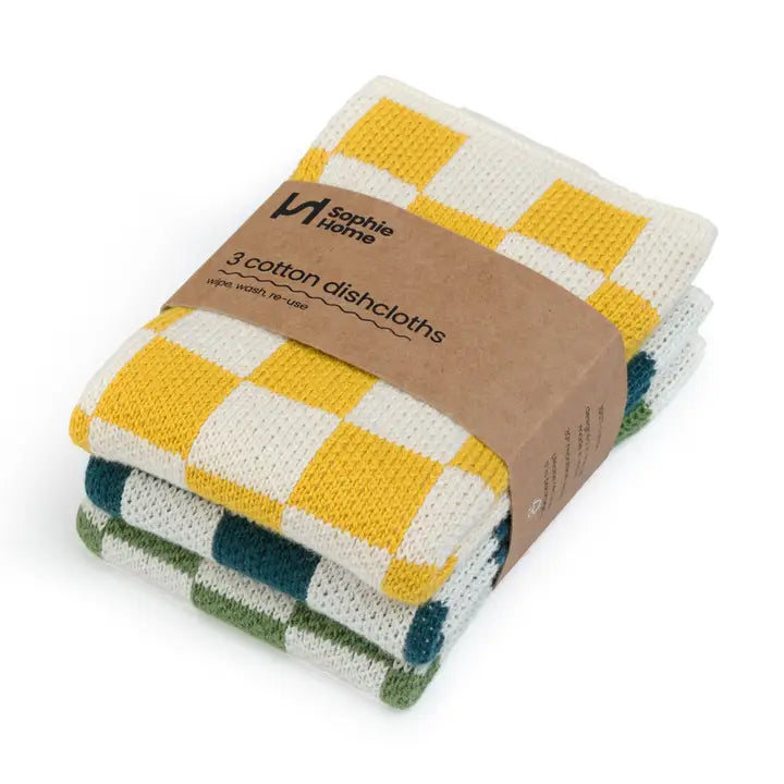 Pack of three checkered dishcloths with a brown Sophie Home packaging label on a white background.