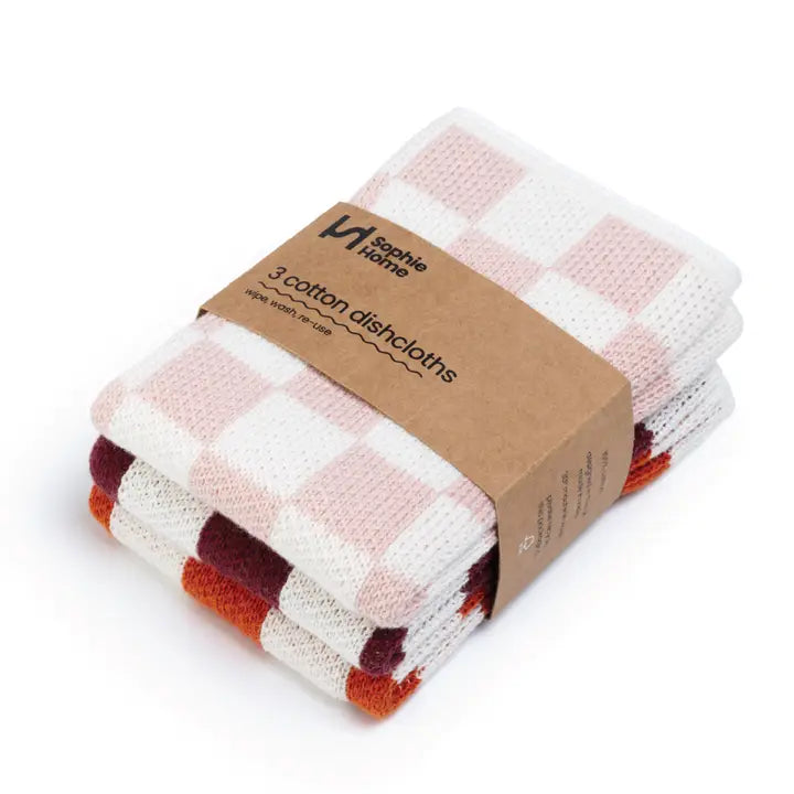 Pack of three checkered dishcloths with a brown label on a white background