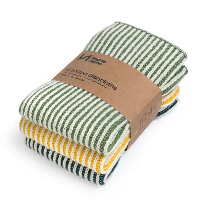 Pack of three striped cotton dishcloths with a brown label on a white background