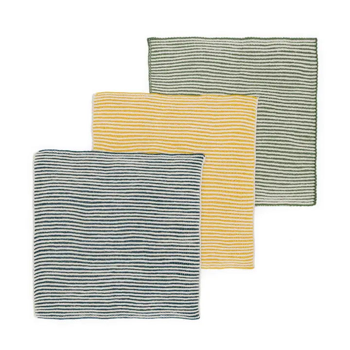 Three striped cotton dish cloths in green, yellow, and blue on a white background