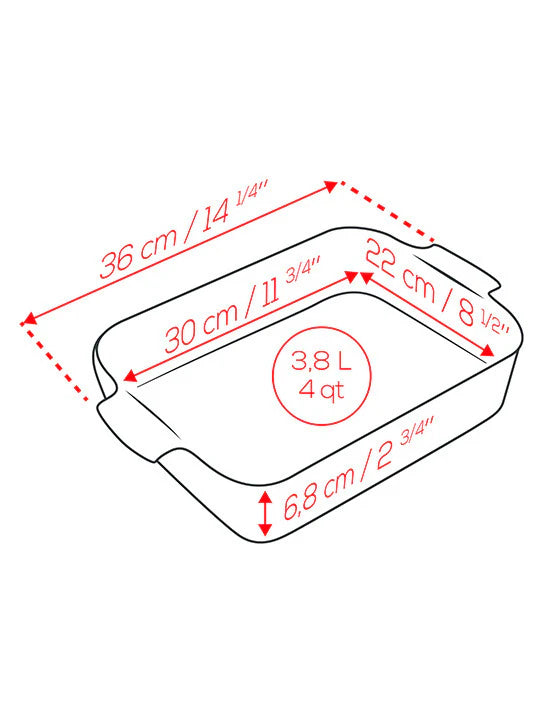 Measurement chart of a rectangular container with dimensions in centimeters and inches.