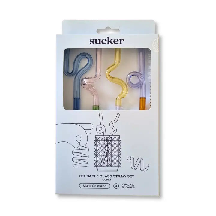 Packaging of reusable glass straws with 'sucker' branding on a white background