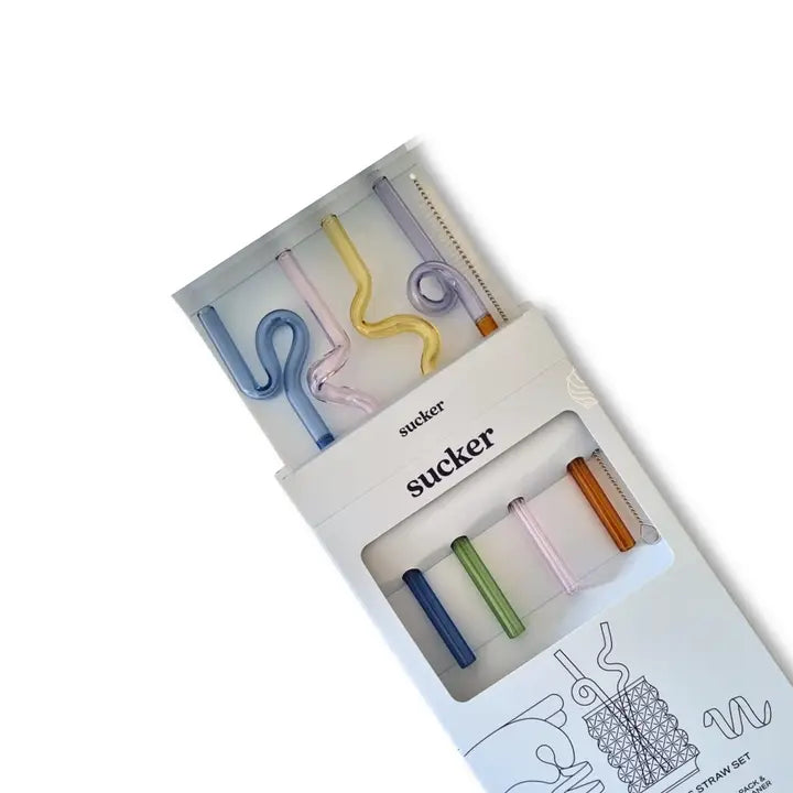 Set of colorful straws in packaging with 'sucker' branding on a white background