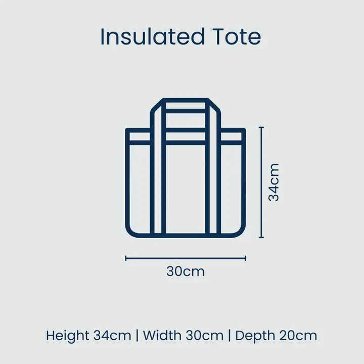 Insulated tote bag with dimensions on a light gray background