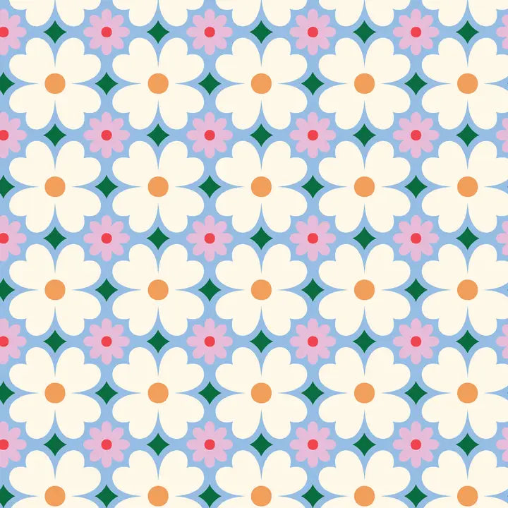 Pattern of white flowers with orange centers on a blue background