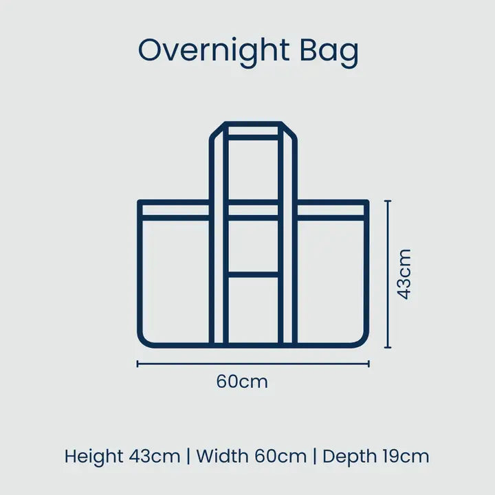Outline of an overnight bag with dimensions on a light gray background