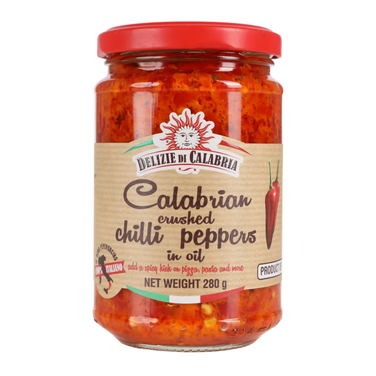 Jar of Delizie di Calabria Calabrian crushed chilli peppers in oil on a white background