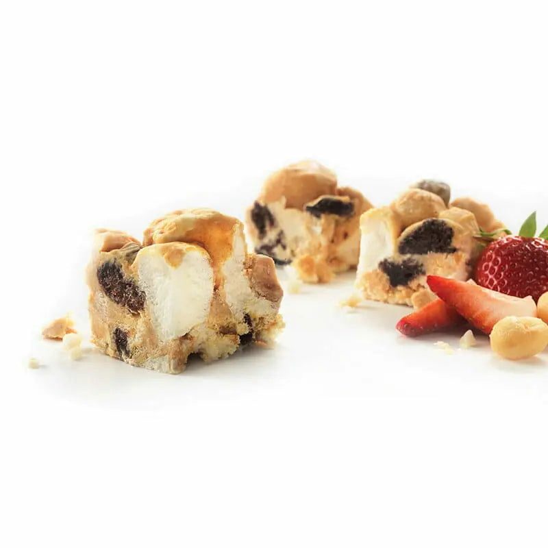 Rocky road with strawberries on a white background