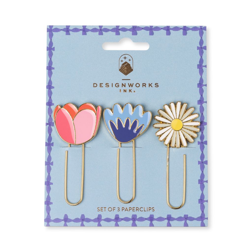 Set of three floral paperclips in packaging with 'Designworks Ink.' branding.