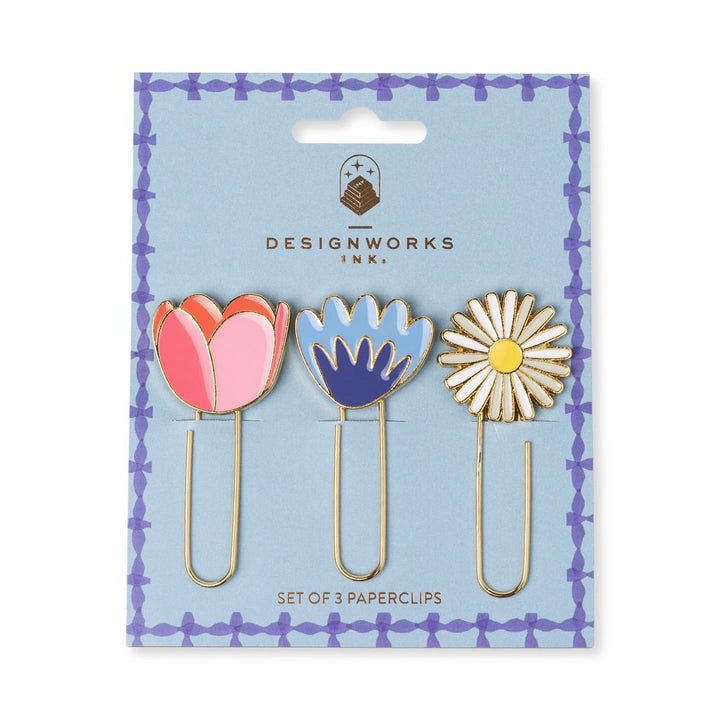 Set of three floral paperclips in packaging with &