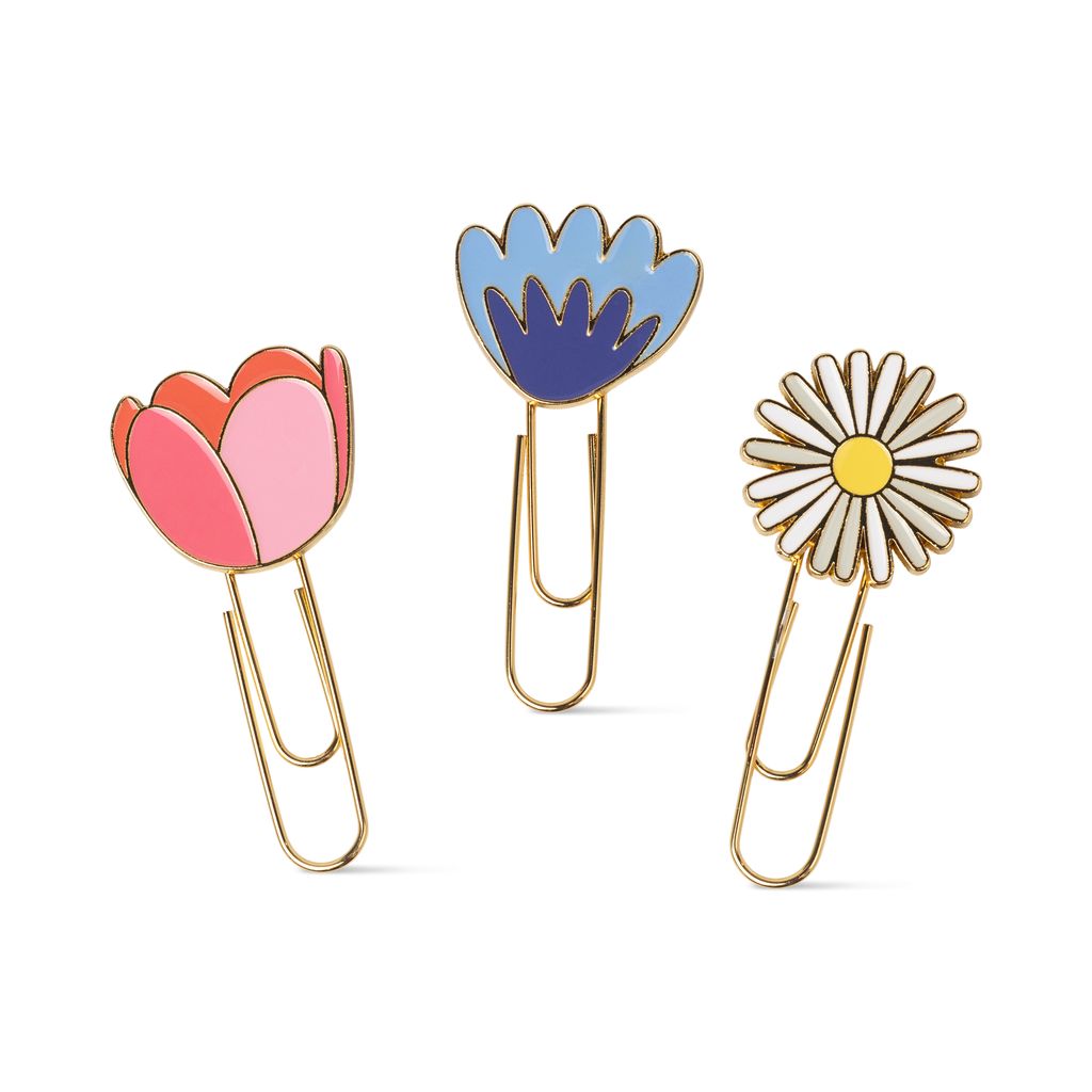 Three colorful flower-shaped paper clips on a white background