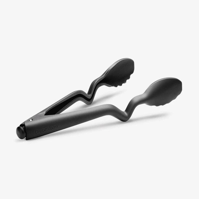 Black kitchen tongs on a white background