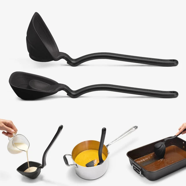 Black ladle used for various cooking tasks on a white background