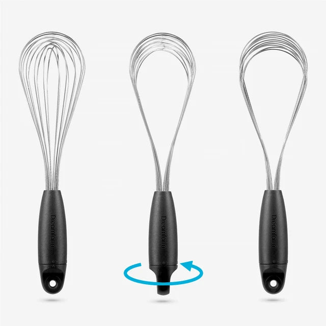 Three whisks with black handles on a white background