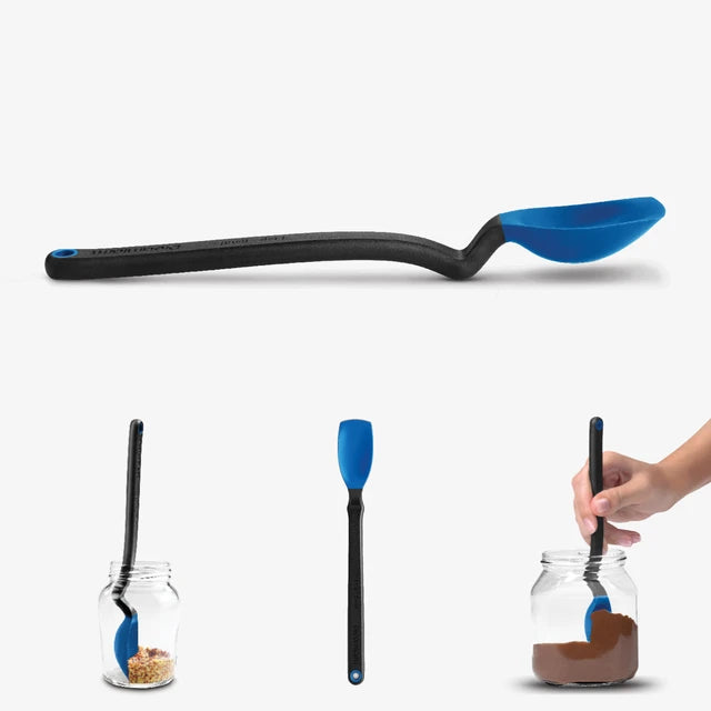 Multi-tool spoon with blue and black components on a white background