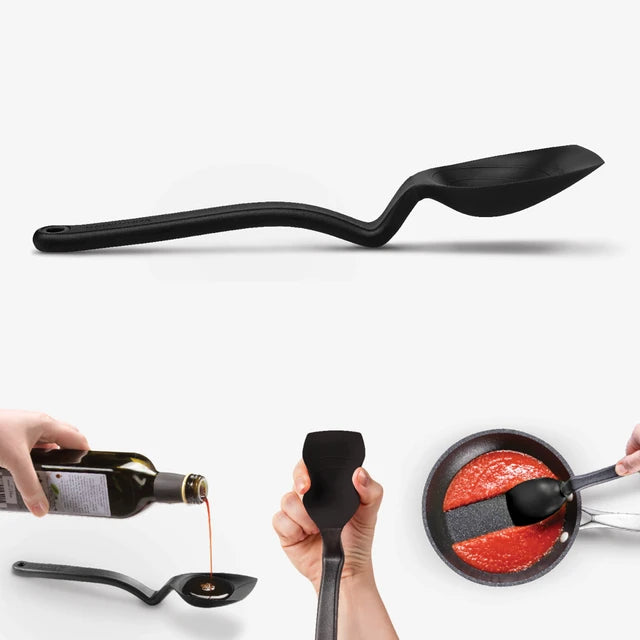 Black spoon being used to pour oil, hold a small amount, and stir a pan of red sauce on a white background.