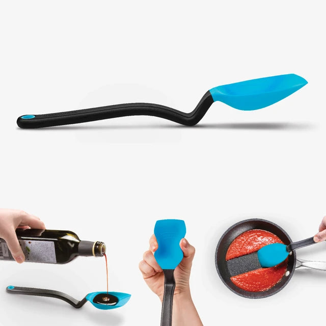 Multifunctional kitchen tool with blue head and black handle being used to pour oil, scrape a pan, and hold a bottle.