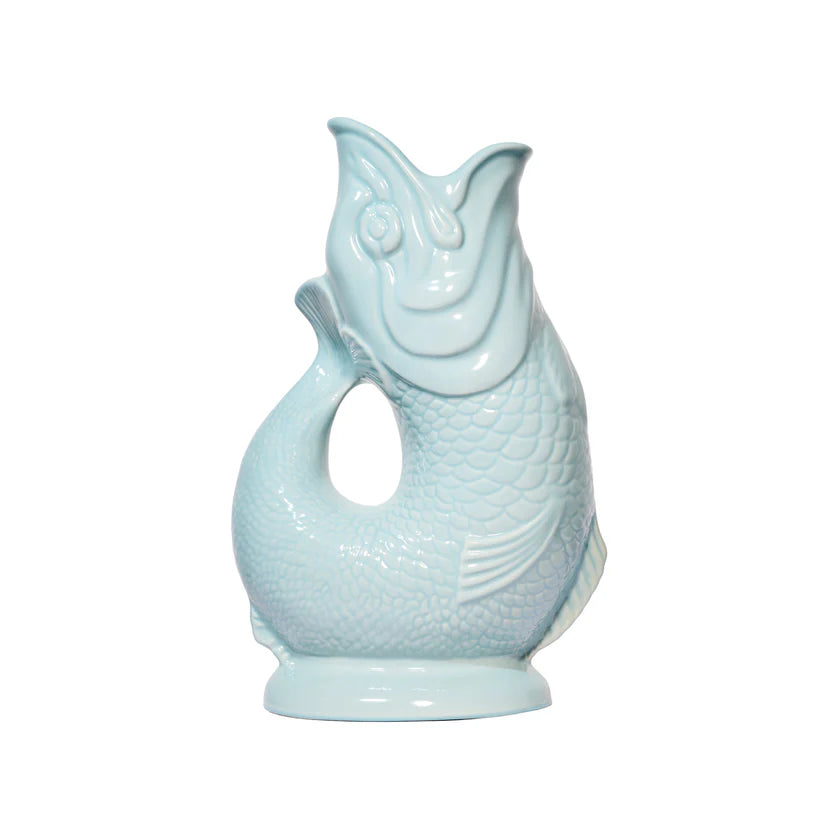 Ceramic fish-shaped vase in light blue on a white background