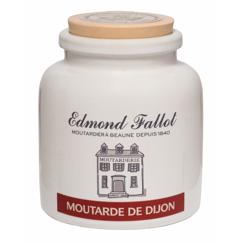 White jar with wooden lid labeled 'Edmond Fallot Moutarde de Dijon' on a white background