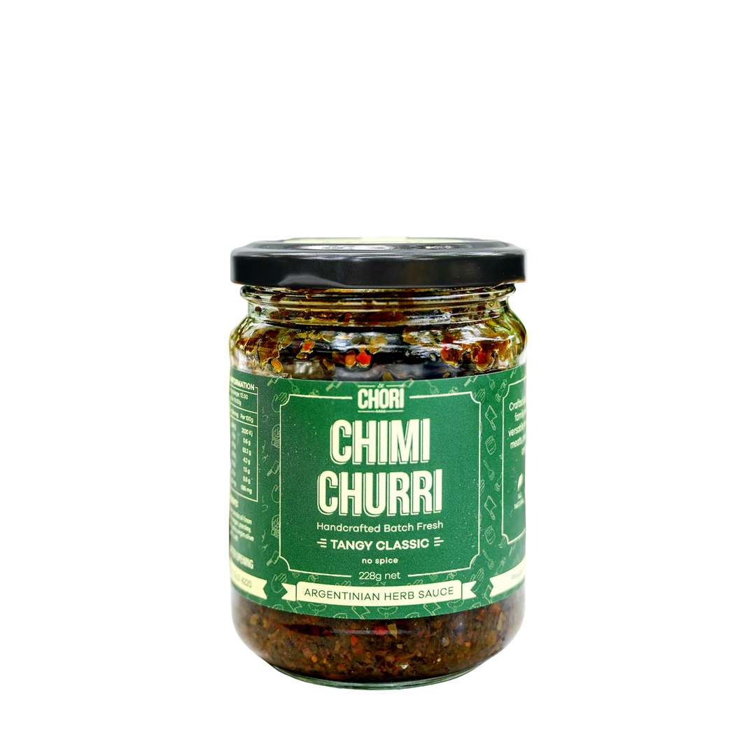 Jar of Chimichurri sauce with a green label on a white background