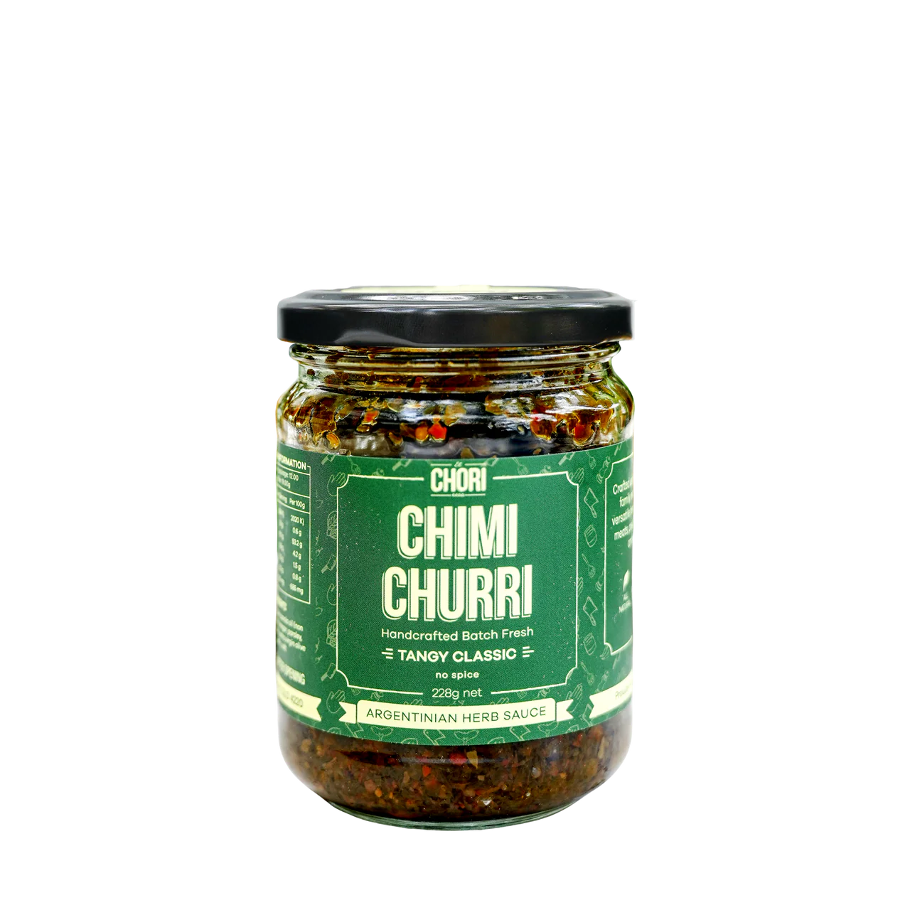 Jar of Chimichurri sauce with a green label on a white background
