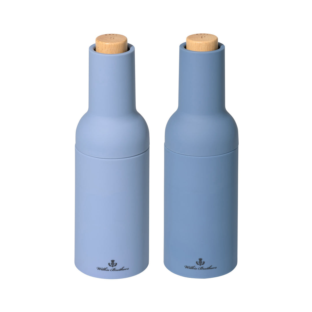 Two blue salt and pepper mills with wooden caps on a white background
