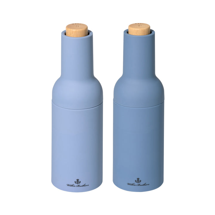 Two blue salt and pepper mills with wooden caps on a white background