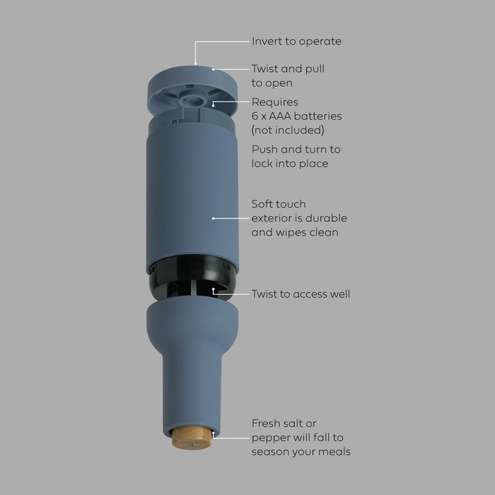 Blue pepper grinder with labeled features on a gray background