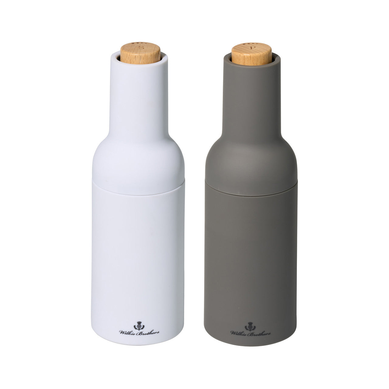 Salt and pepper mills, one white and one gray, with wooden caps on a white background.
