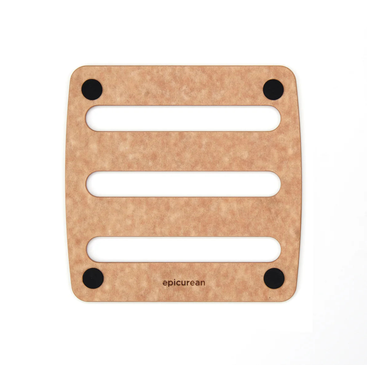 Wooden trivet with black accents and 'epicurean' branding on a white background