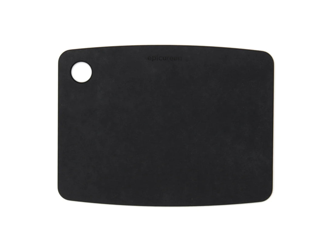 Black cutting board with a brand logo on a white background