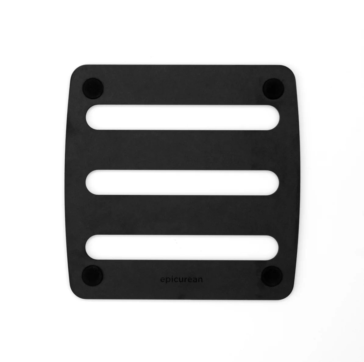 Black wooden trivet with three horizontal slots on a white background, featuring the brand 'epicurean'.