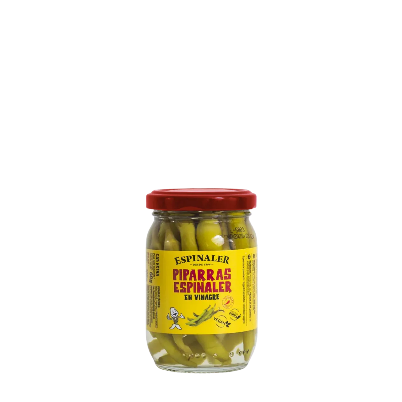 Jar of Espinaler pickled peppers with a red lid on a white background