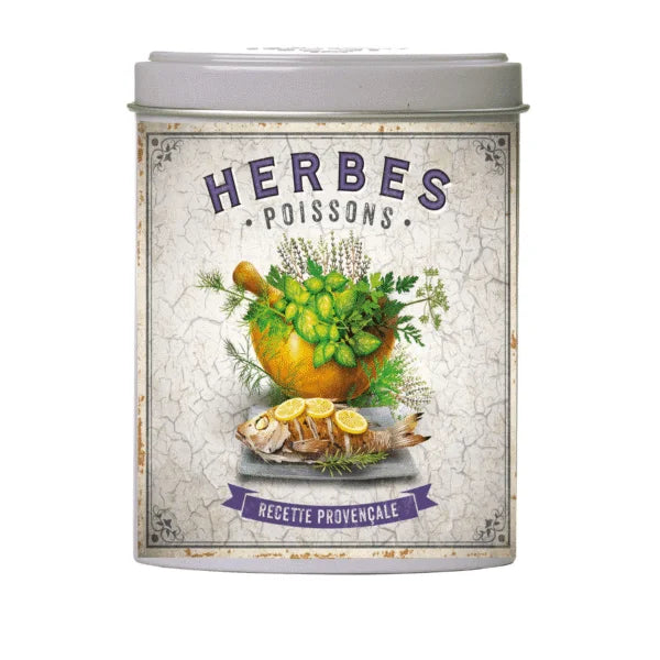 Tin container labeled 'Herbes Poissons' with a fish and herbs design on a white background