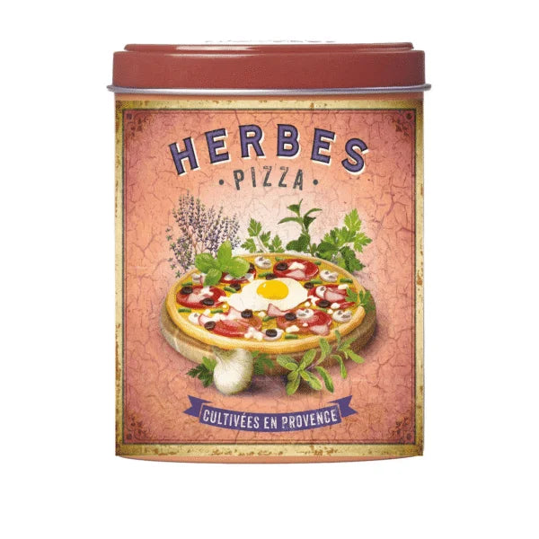 Pizza Herbs tin with a pizza illustration on a white background
