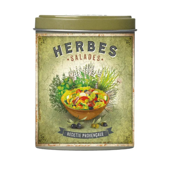 Vintage-style tin canister with herb salad design and 'Herbes Salades' text on a white background.